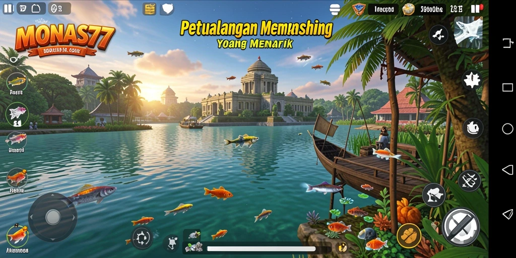 Screenshot gameplay <strong>MONAS77</strong> yang menampilkan suasana memancing yang seru.