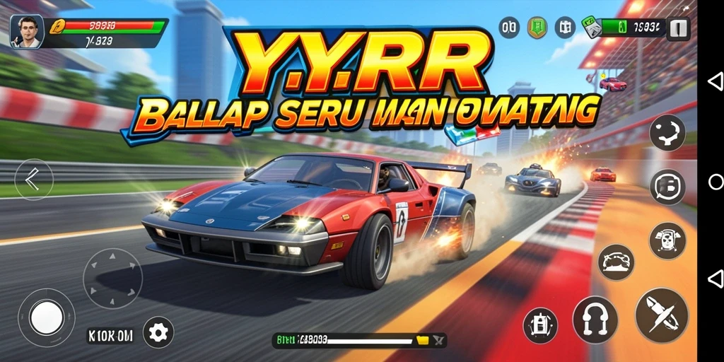 Screenshot utama YYRR yang menunjukkan aksi balapan mendebarkan dan mobil yang bertenaga.